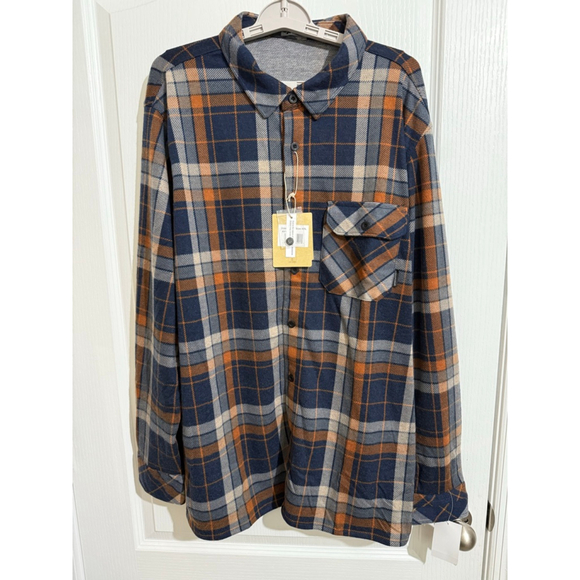 Men's ZEROXPOSUR XXL Navy Orange Beige Plaid Casual Button Down Shirt - Picture 1 of 8